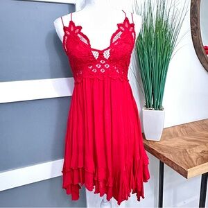 Free People One Adella Red Slip Lace Dress SZ Small Boho Holiday GUC READ